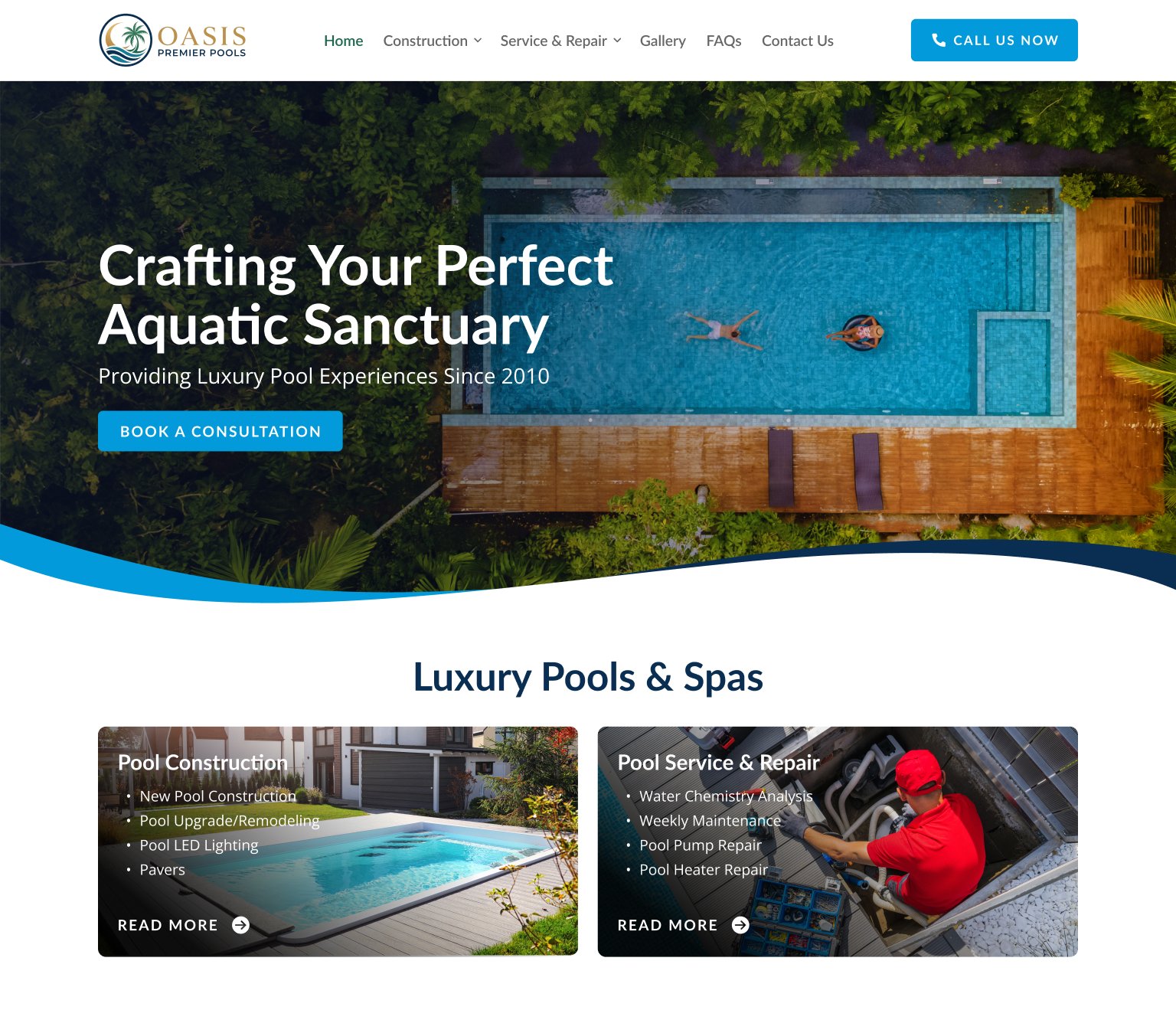 Oasis Premier Pools website homepage